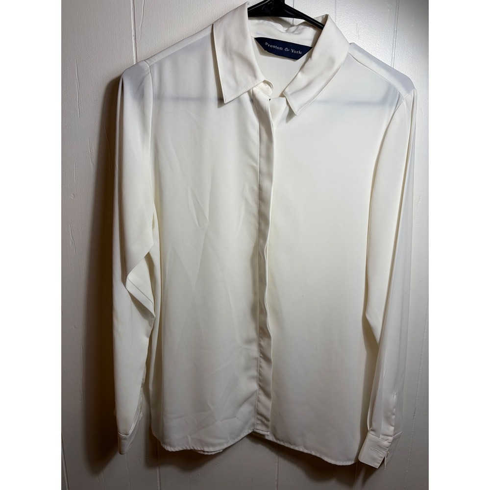 Preston & York Women Ivory White Hidden Button Down Blouse Long Sleeve Size 8
